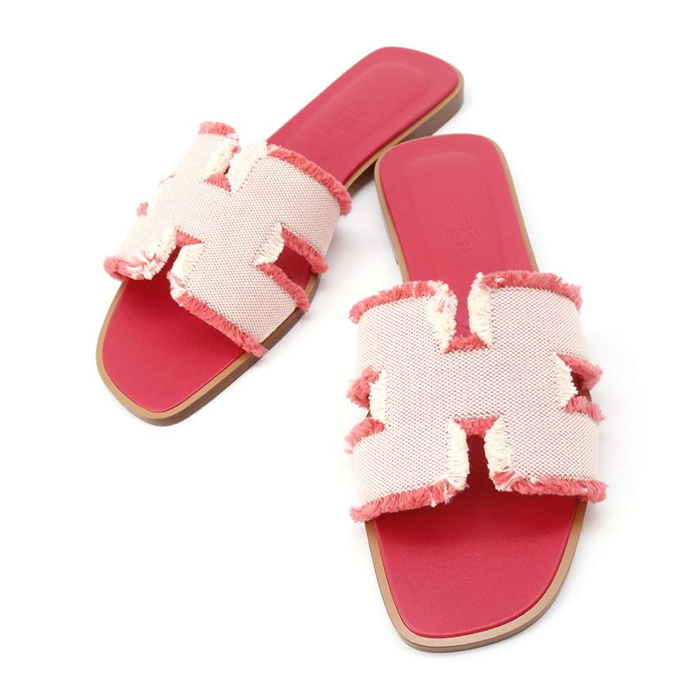 HERMES Oran Sandals Pink Canvas Leather Size 37.5