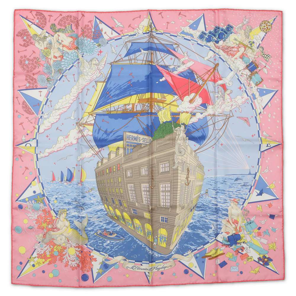 HERMES Scarf Carre90 HERMES Flagship Hermes Flagship Rose Bonbon/Blue/Multicolor Silk100%