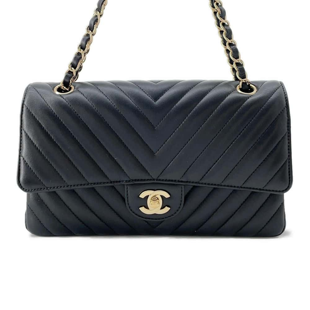 CHANEL Chevron W-flap ChainShoulder Bag Black A01112 Lambskin Size 25