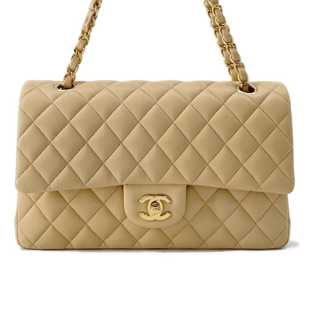 CHANEL Matelasse W flap ChainShoulder Beige A01112 Lambskin Size 25