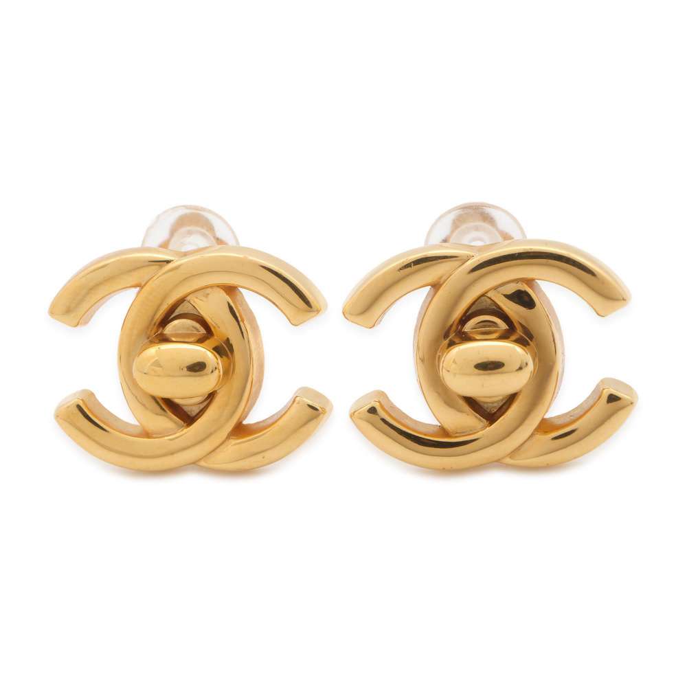 CHANEL CC Logo Turnlock Earrings Gold Metal