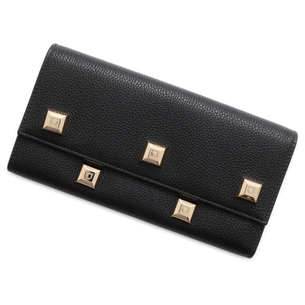 Ferragamo Gancini Studded Long Wallet Black JP-22-D502 Leather