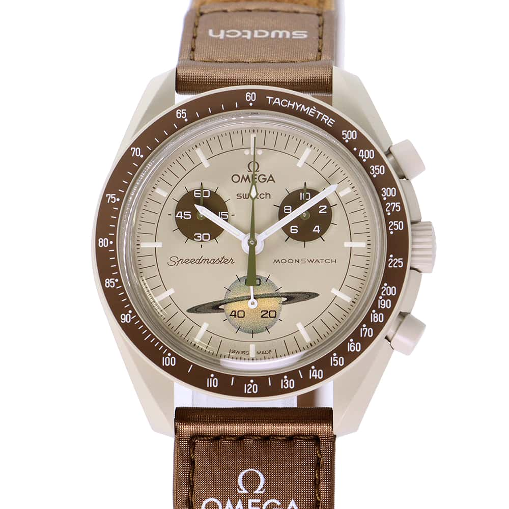 Swatch Omega collaboration Moonwatch Mission to Saturn W42mm Bio Ceramic Nylon Beige Dial S033T100