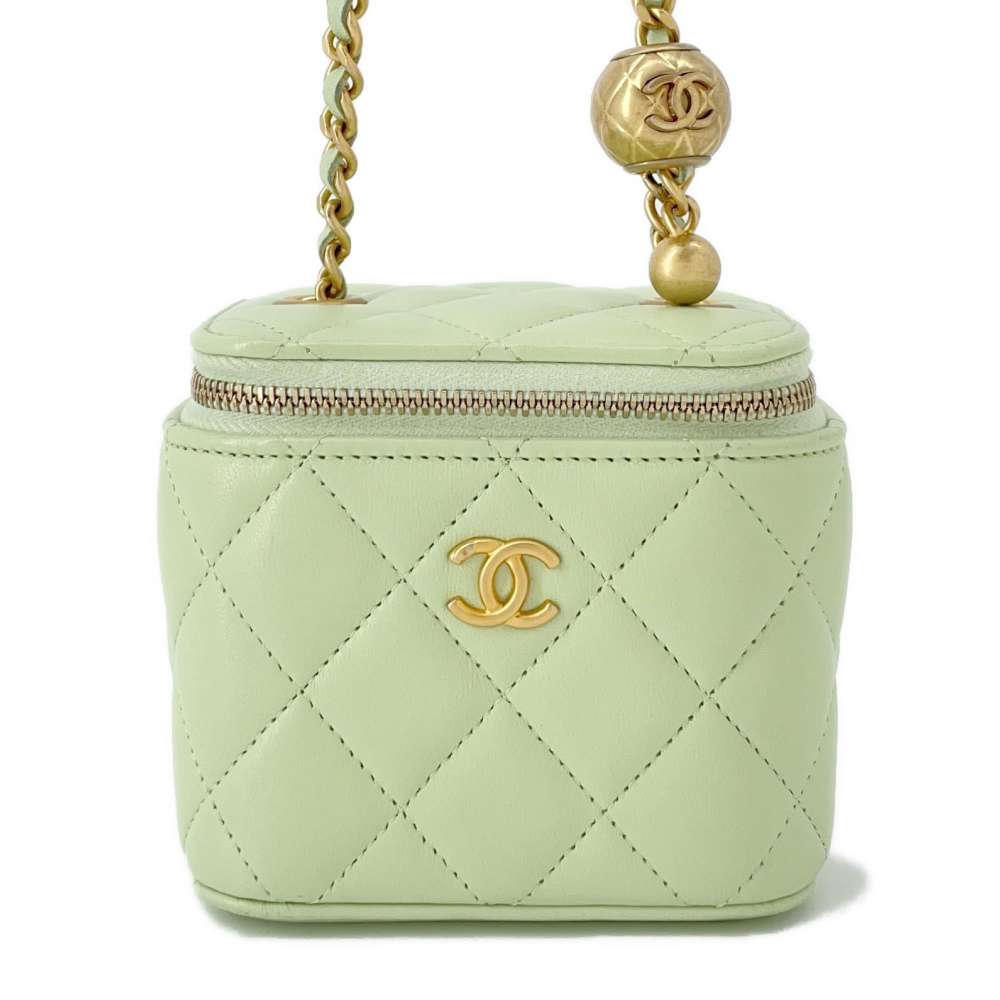 CHANEL Matelasse Cocoball ChainShoulder Small Vanity Bag Light Green AP1447 Lambskin Size Small