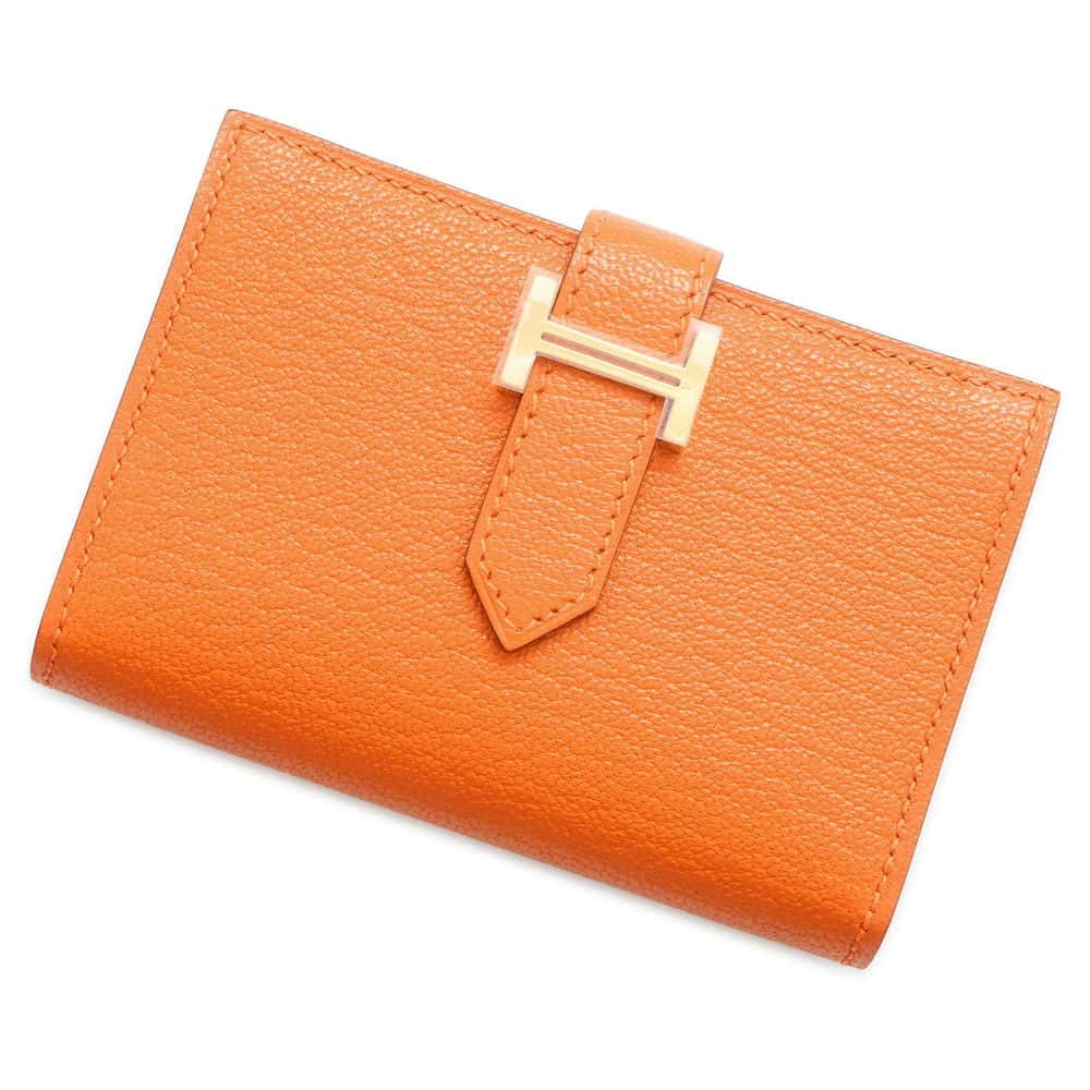 HERMES Bearn Card Case Orange Chevre Myzore Goatskin