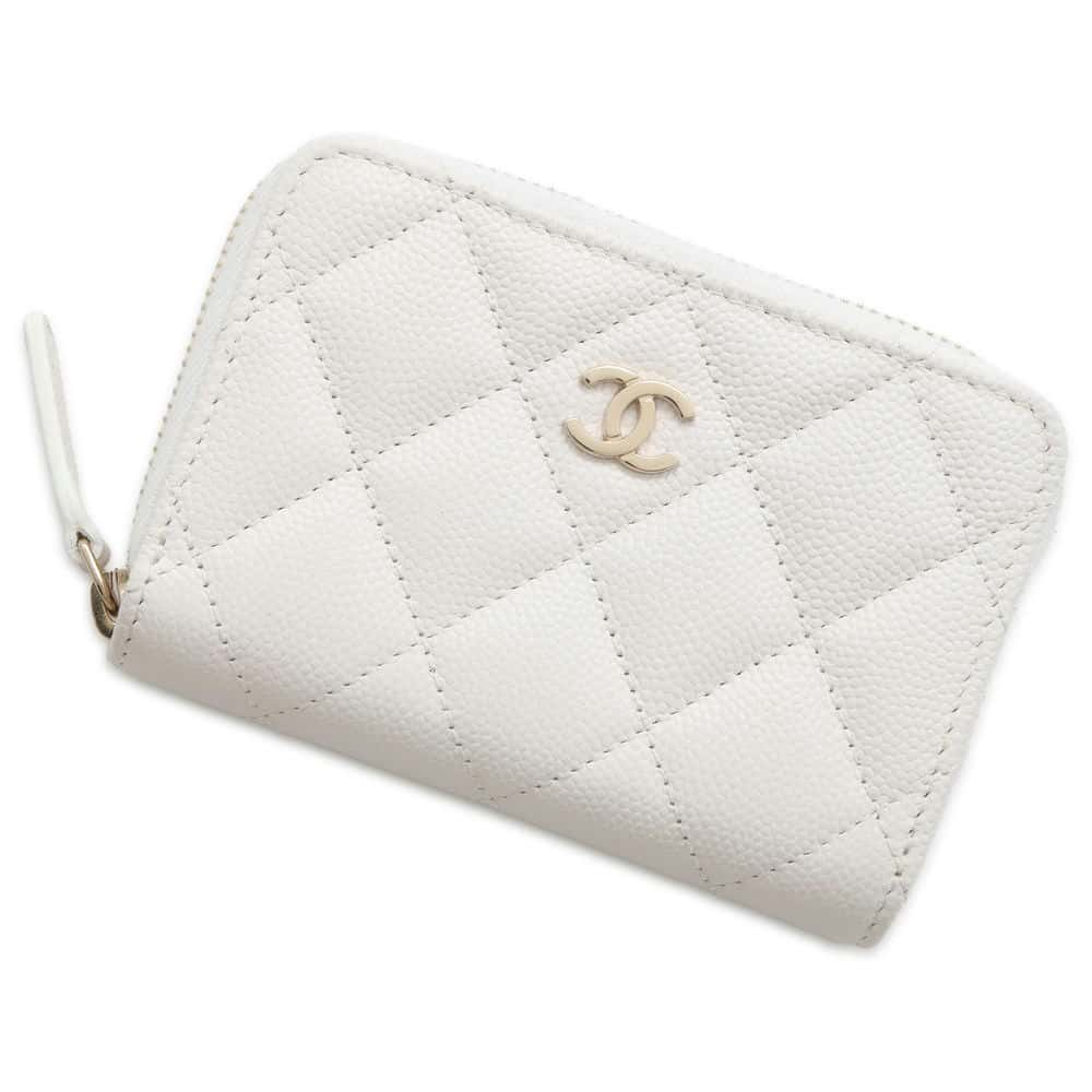 CHANEL Matelasse Classic Zip Coin Purse White AP0216 Caviar Leather