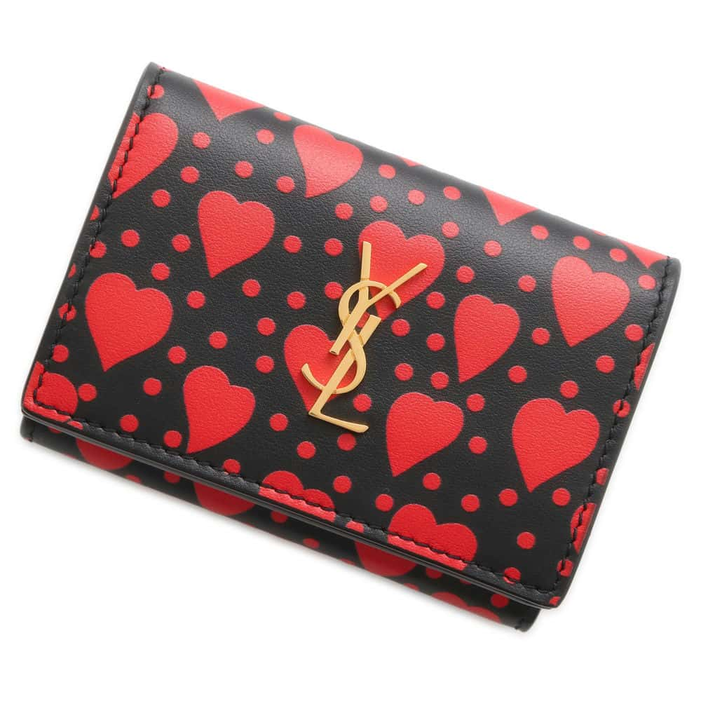 SAINT LAURENT PARIS Heart Pattern Tri-fold Wallet Black/Red 670290 Leather