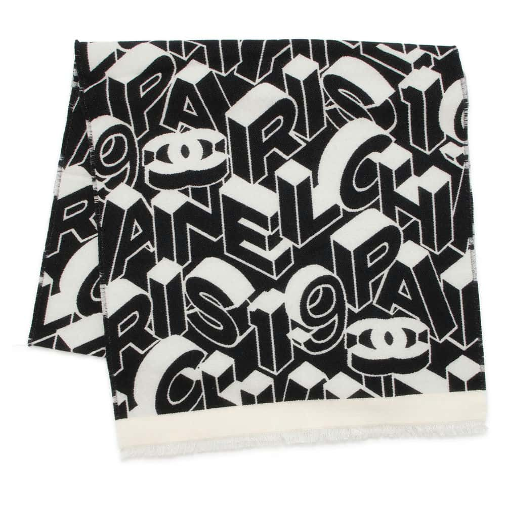 CHANEL Reversible Scarf CC Logo/CHANEL logo all-over pattern Black/White Wool 82% Silk18%