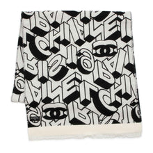 Load image into Gallery viewer, CHANEL Reversible Scarf CC Logo/CHANEL logo all-over pattern Black/White Wool 82% Silk18%
