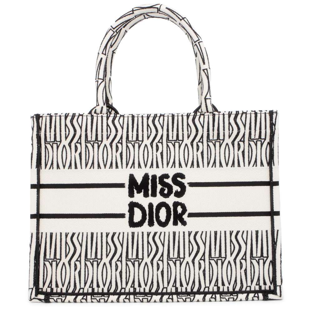 Dior Miss Dior Allover Embroidery Book Tote White/Black M1296ZEZE_M041 Canvas Size Medium