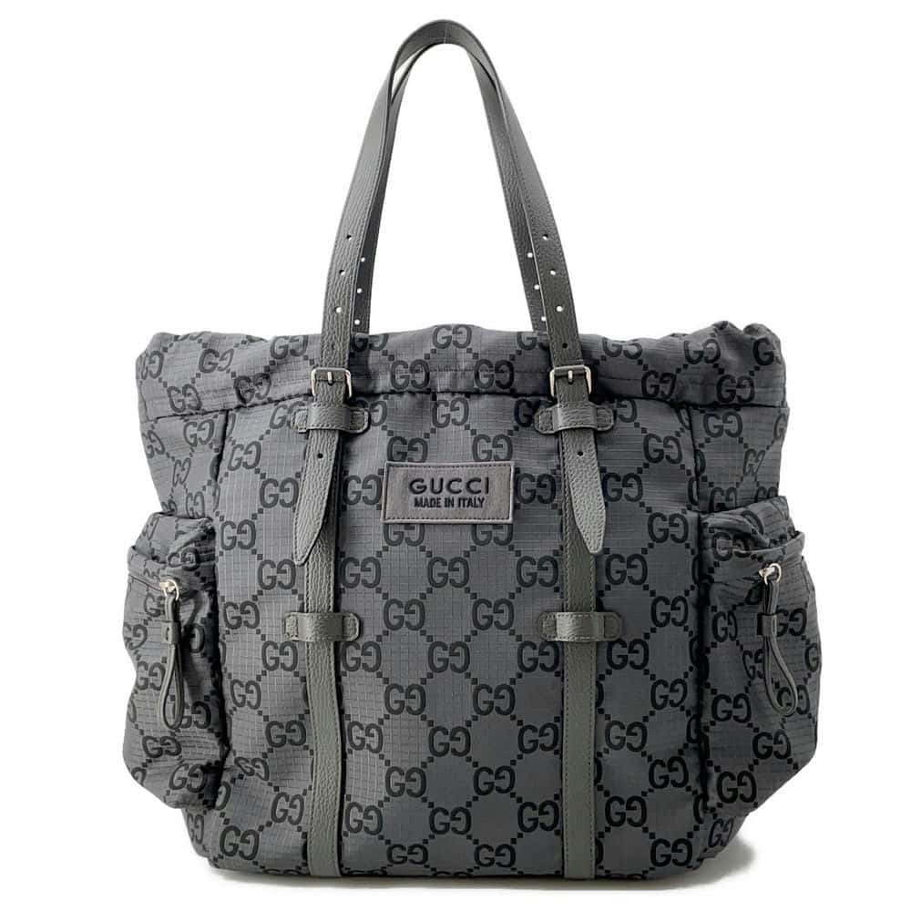 GUCCI GGNylon Ripstop Tote Bag Gray 767929 GGNylon Leather