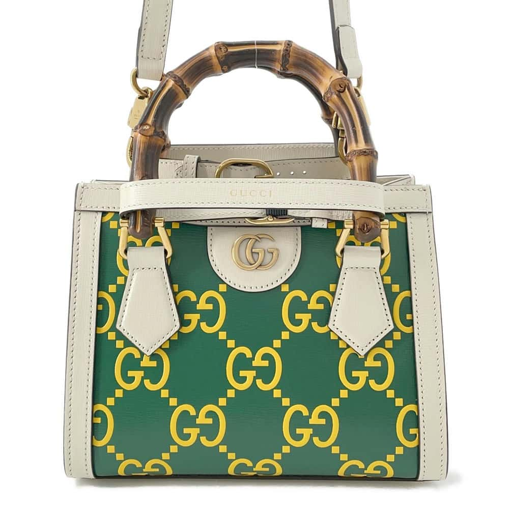 GUCCI Diana 2way Tote Bag White/Green/Yellow655661 Leather Bamboo Size Mini