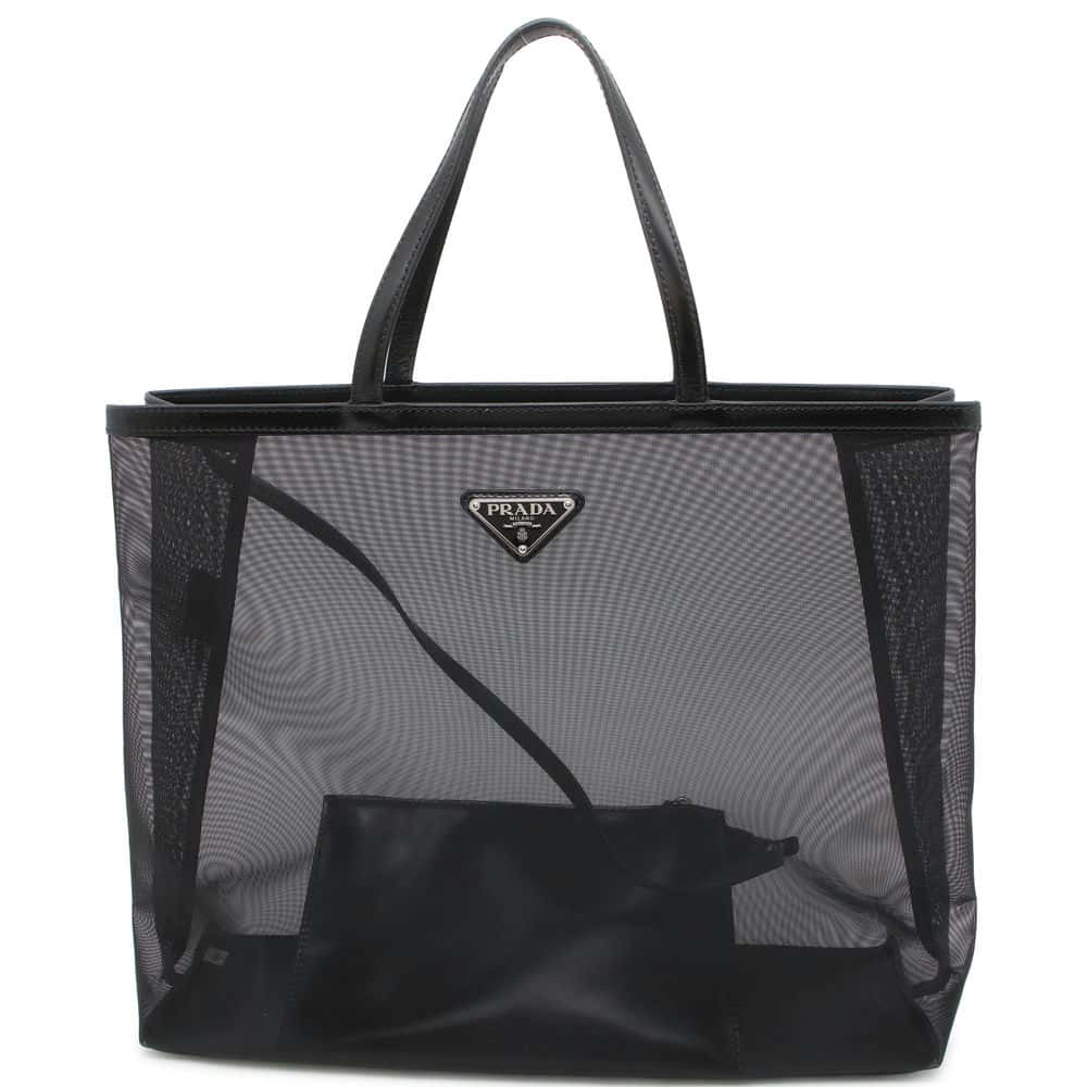 PRADA Triangle Logo Mesh Shopping Bag Tote Bag Black1BG416 Mesh Leather