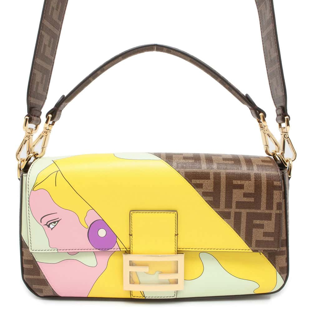 FENDI Baguette Antonio Lopez Brown/Multicolor 8BR600 PVC Coated Canvas Leather Size Medium