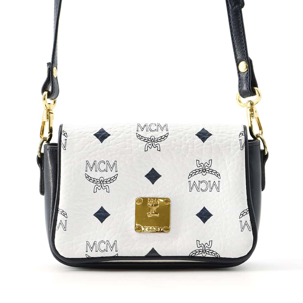 MCM Logo Shoulder Bag White/Navy Leather