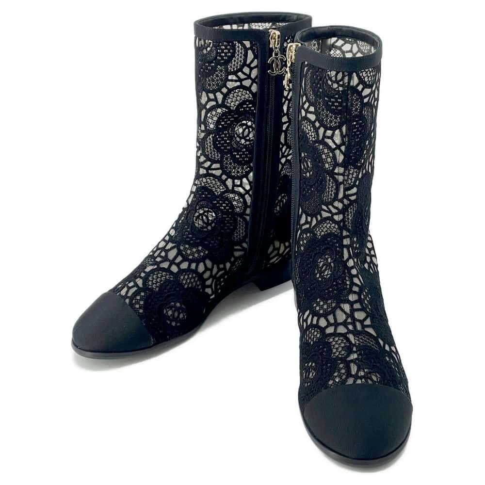 CHANEL Embroidery Grosgrain short boots BlackG45519 race Size 37C