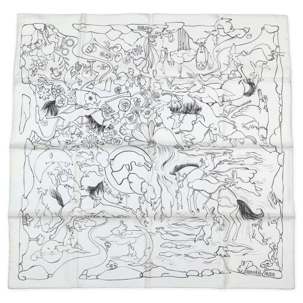 HERMES Carre One Thousand and One Rabbits Size 90 Blanc/Black Silk100%