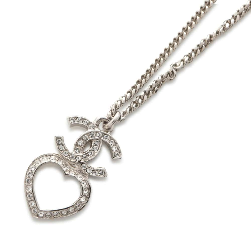 CHANEL CC Logo & Heart Necklace Silver ABB651 Metal Rhinestone