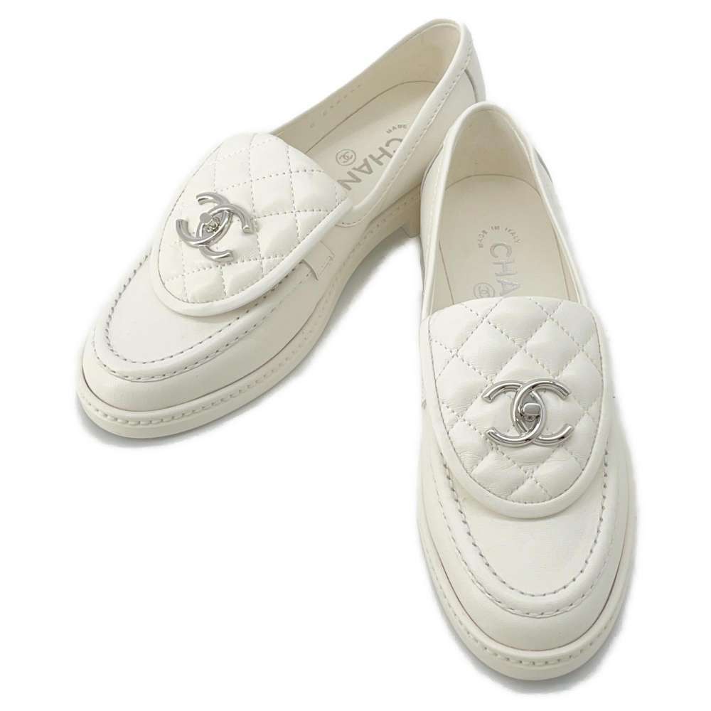 CHANEL CC Logo Matelasse Loafers White G36646 Lambskin Size 35C