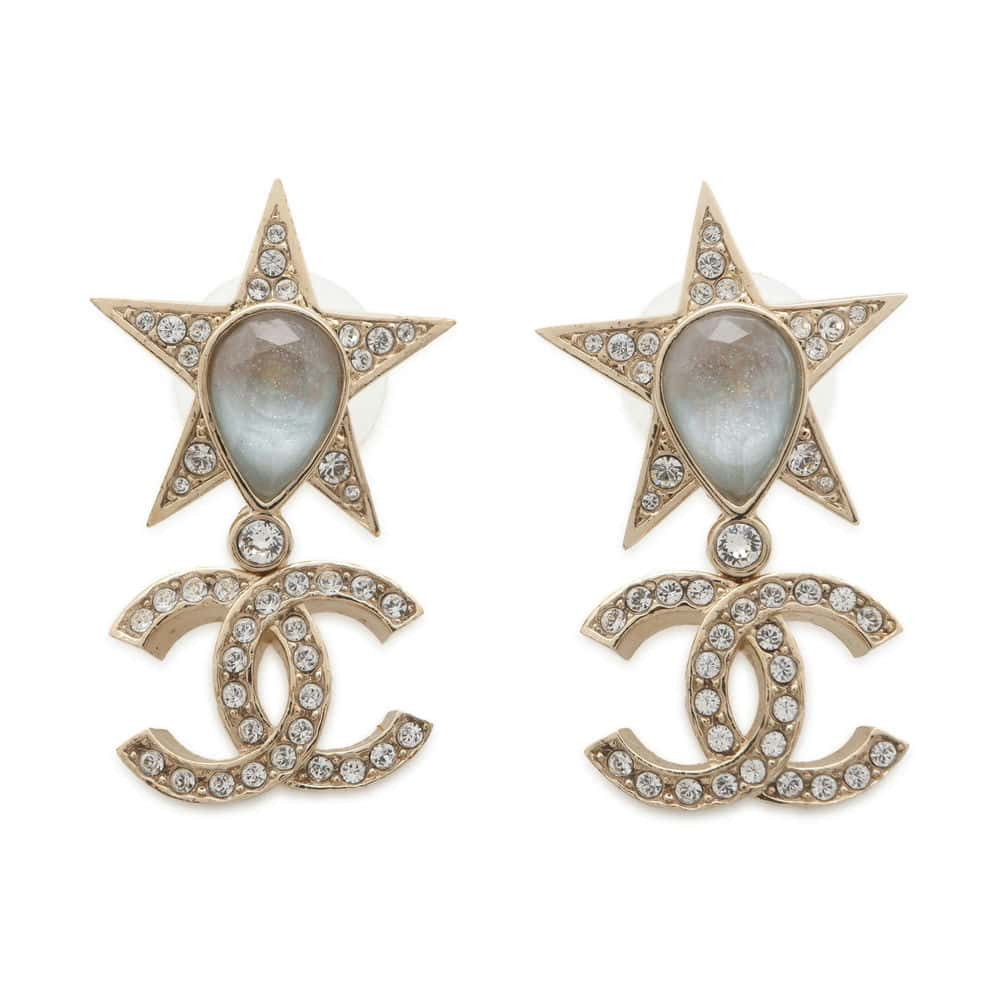 CHANEL Star Mark Earrings Champagne Gold ABA381 Metal Rhinestone