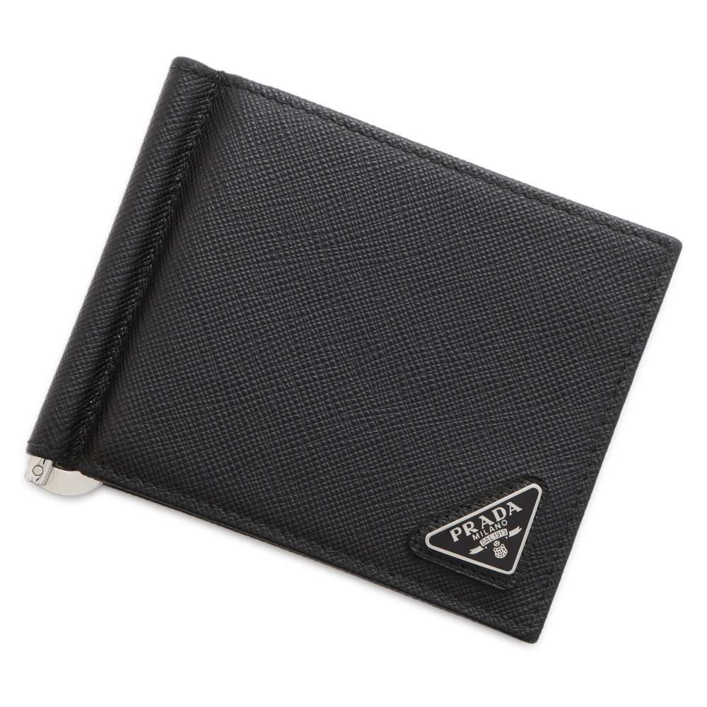 PRADA Triangle Logo Wallet with Money Clip Black 2MN077 Saffiano LeatherLeather