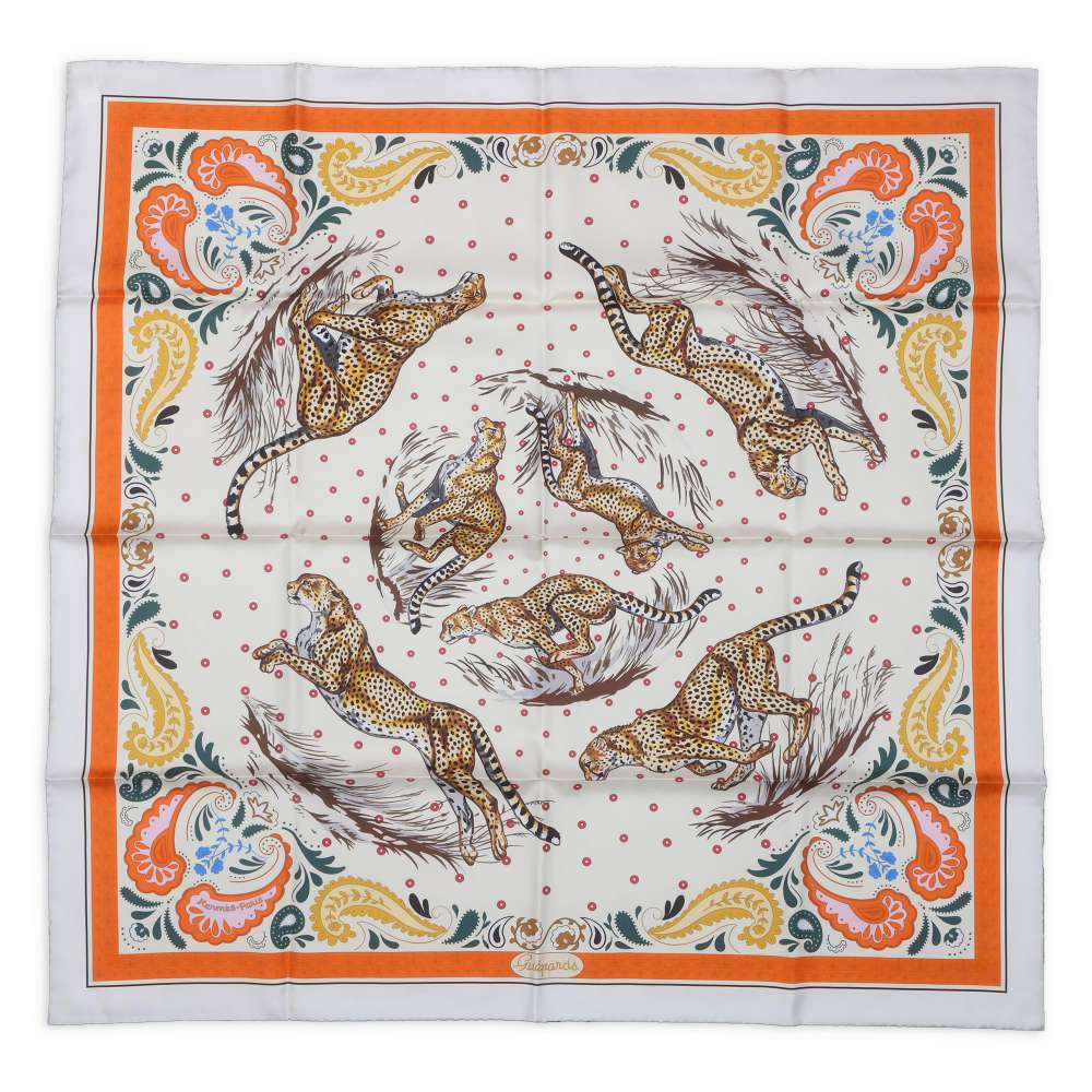 HERMES Carre Double Face QUEPARDS BANDANA Cheetah Bandana Size 90 Creme/Orange/Brown Silk100%