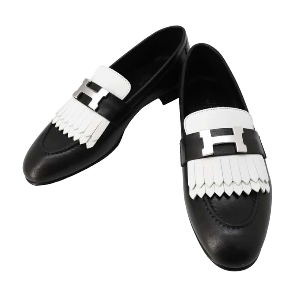 HERMES Mocassins royale loafers Black/White Chevres Size 35H