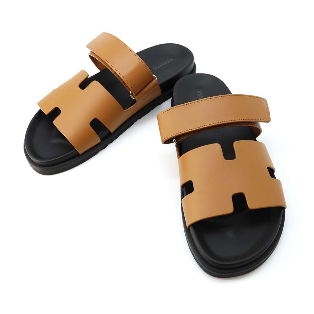 HERMES Shipley Sandals Black/Natural Leather Rubber Size 42