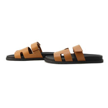 Load image into Gallery viewer, HERMES Shipley Sandals Black/Natural Leather Rubber Size 42
