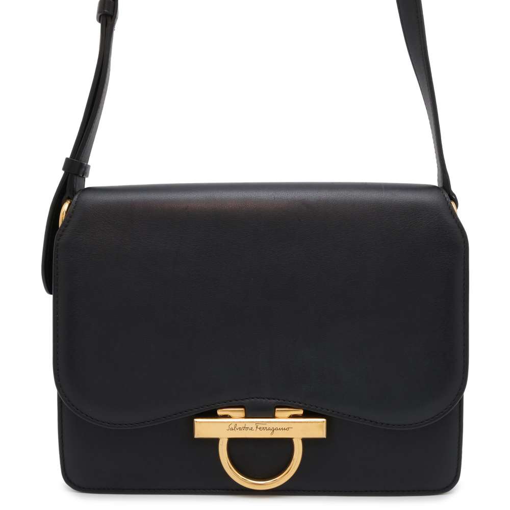 Ferragamo Gancini Shoulder Bag Black Leather