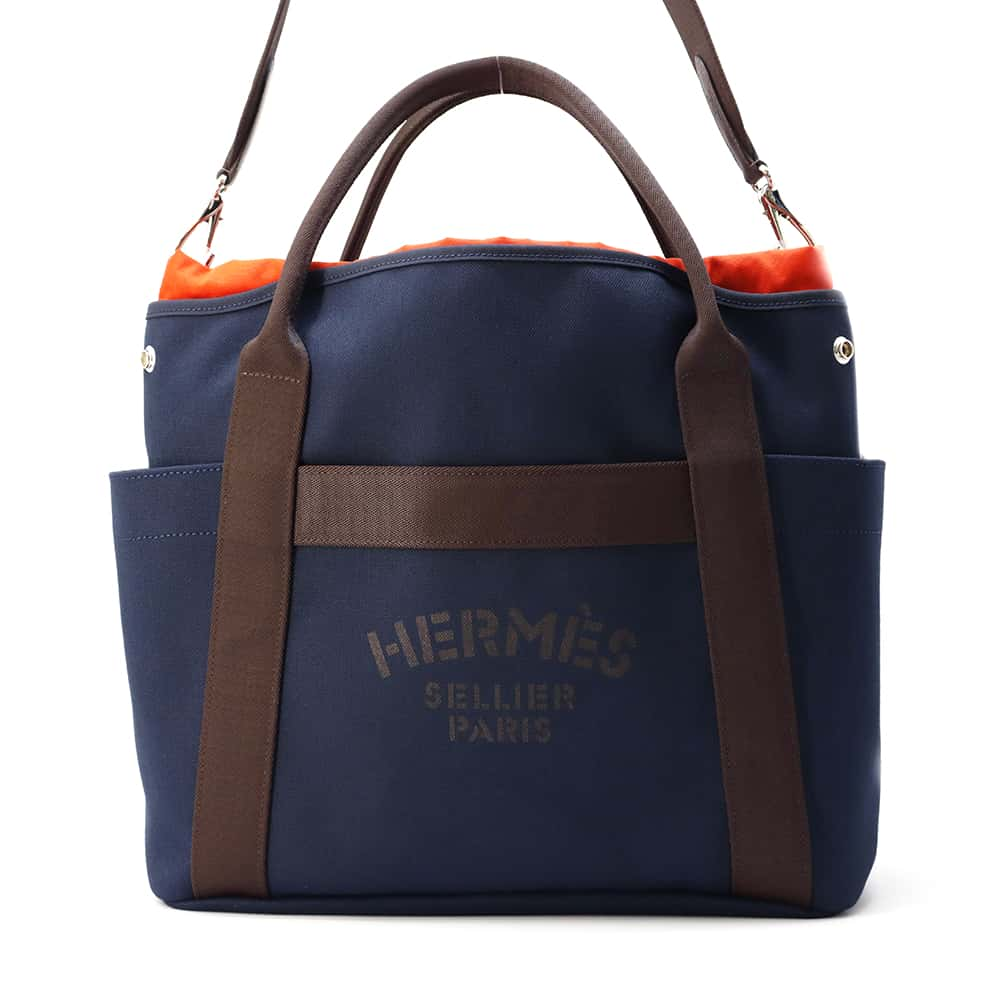 HERMES Sacked Pansage Navy/Feu Toile Chevrons Canvas