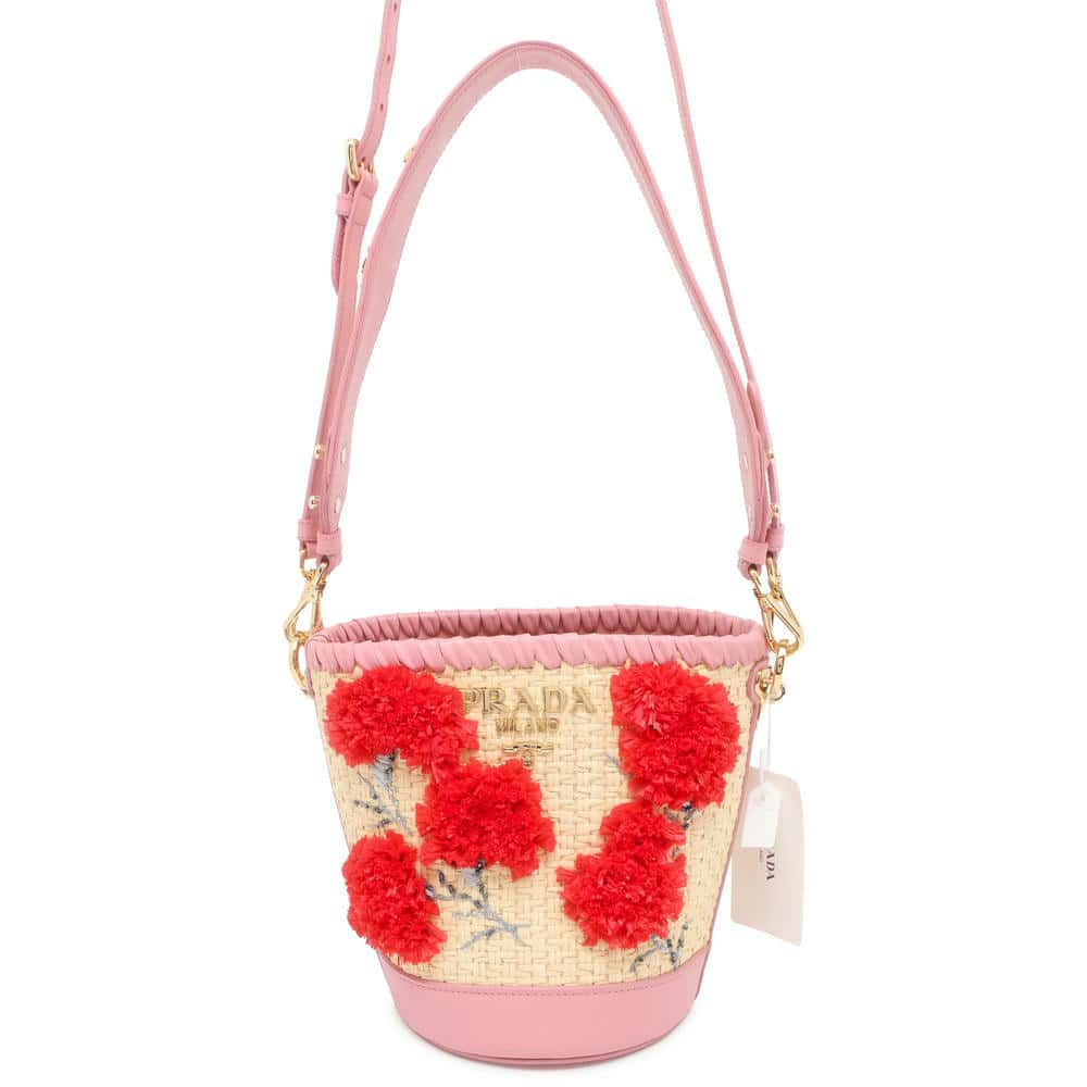 PRADA Flower Bucket Shoulder Bag Beige/Pink/Red 1BE008 Raffia Leather