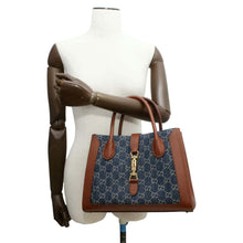 将图像加载到图库查看器中，GUCCI Jackie1961 2way Tote Bag Brown/Blue 649016 Denim Leather Size Medium
