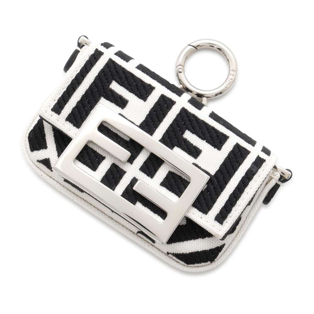 FENDI Nano Baguette Bag Charm White/Black 7AS045 Canvas Leather