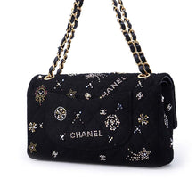 Load image into Gallery viewer, CHANEL Matelasse W Flap ChainShoulder Bag BlackA01112 Tweed Rhinestone Size 25
