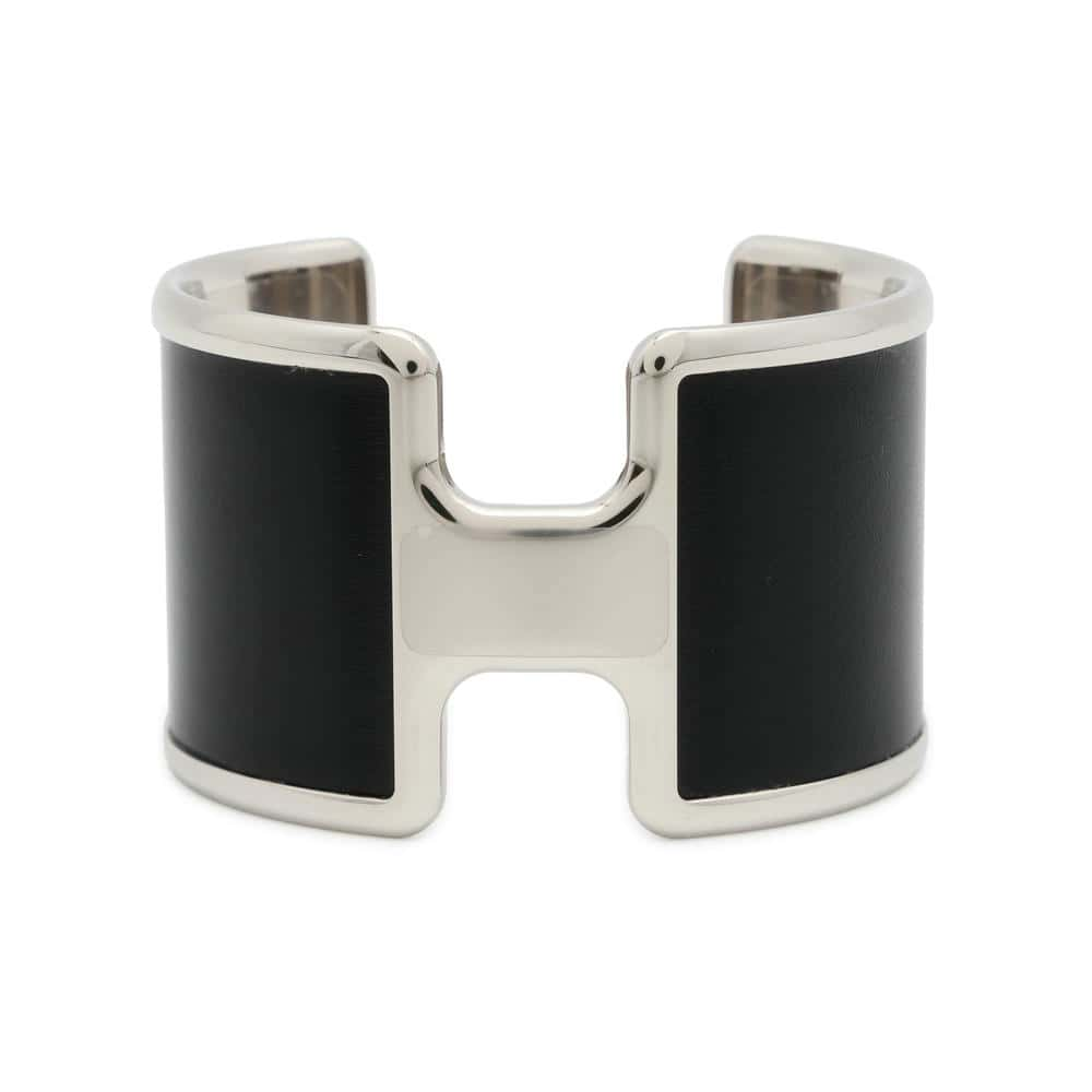 HERMES Olympe Cuff Bracelet Size T2 Black/Silver Box Calf Leather Metal