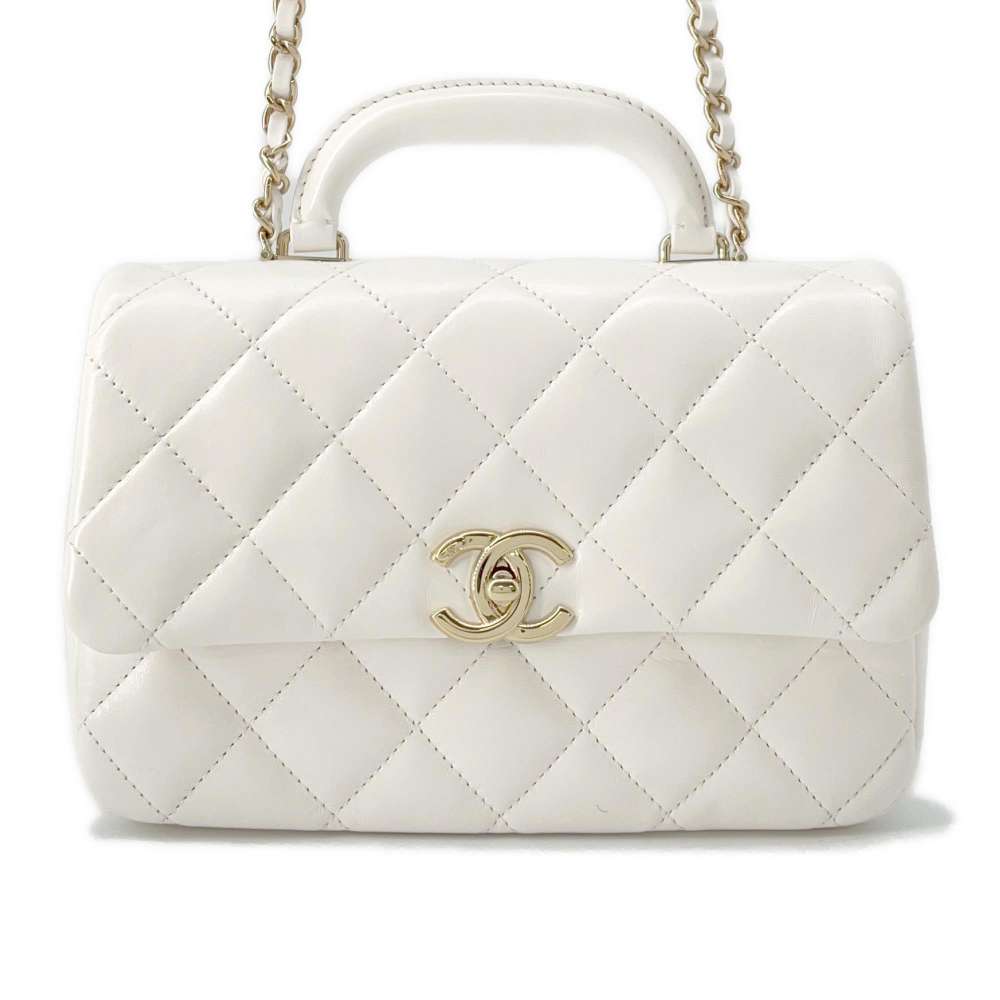 CHANEL Top Handle Flap 2wayShoulder Bag White AS4544 Shiny Calf Leather