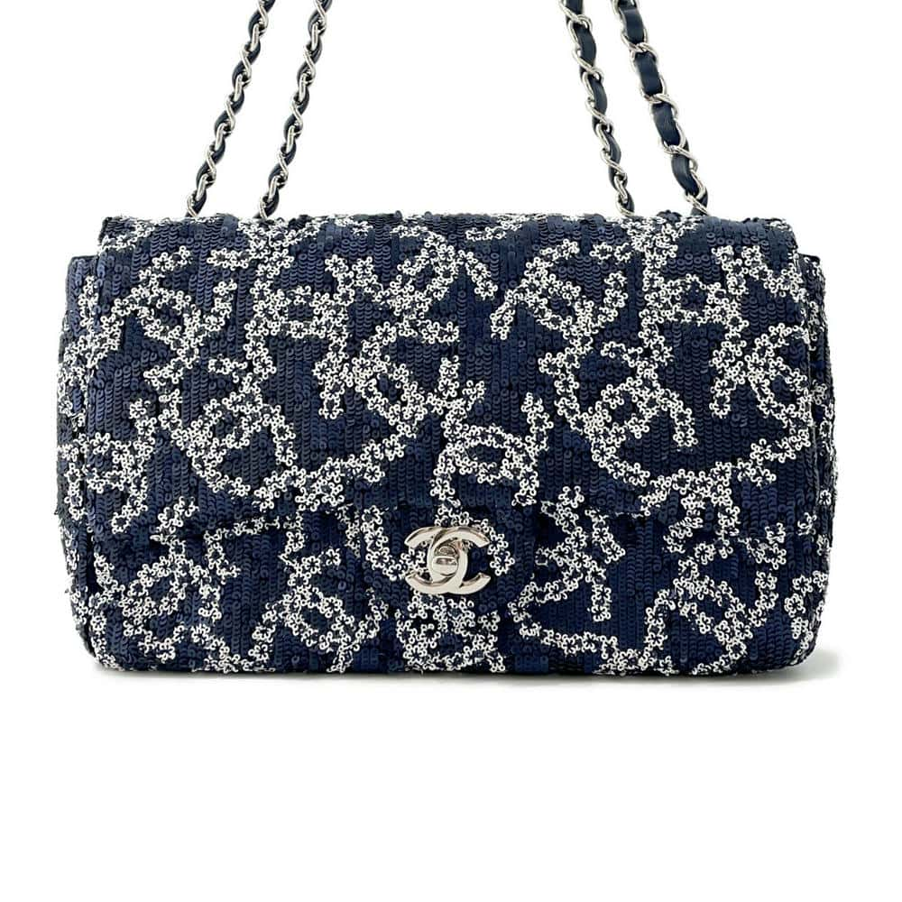 CHANEL CC Logo ChainShoulder Bag Navy/White Sequins Size 25