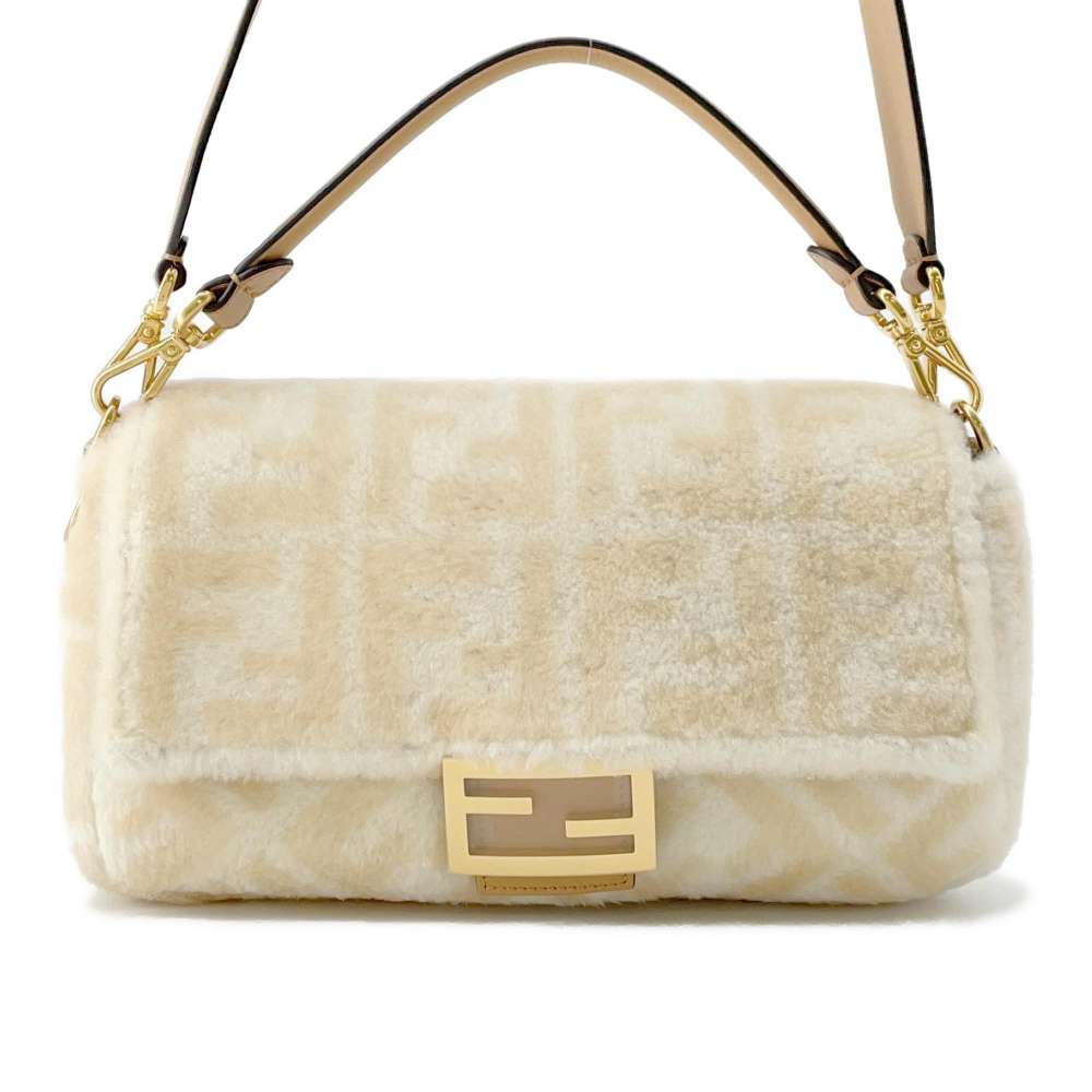 FENDI Bucket 2way Shoulder Bag White/Beige 8BR600 Mouton Sheepskin Size Medium