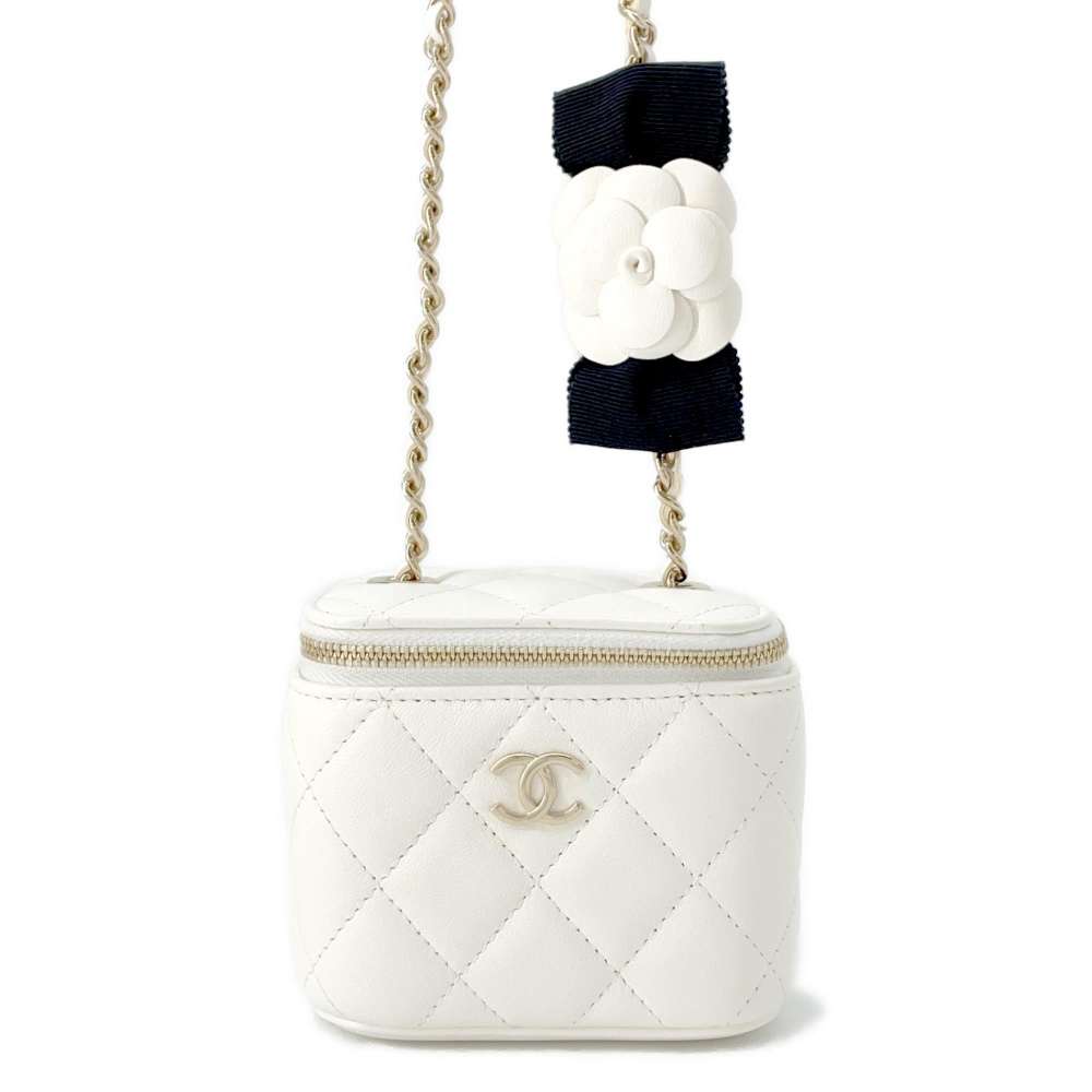 CHANEL Matelasse Shoulder Vanity Camellia White AP2158 Lambskin