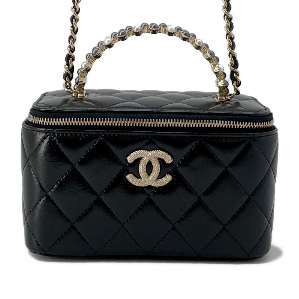 CHANEL Matelasse 2wayShoulder Vanity with Pearl Handle Black Lambskin