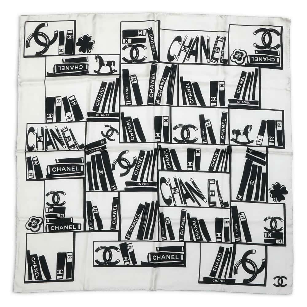 CHANEL Logo scarf White/Black Silk100%