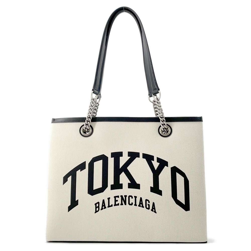 BALENCIAGA CITIES TOKYO Duty Free Tote M Natural/Black 759973 Canvas Leather Size M