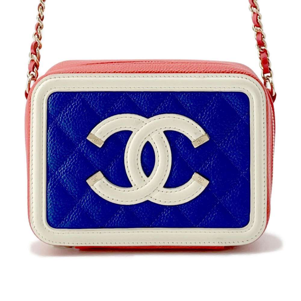 CHANEL CCFiligree ChainShoulder Blue/Red/White A84452 Caviar Leather