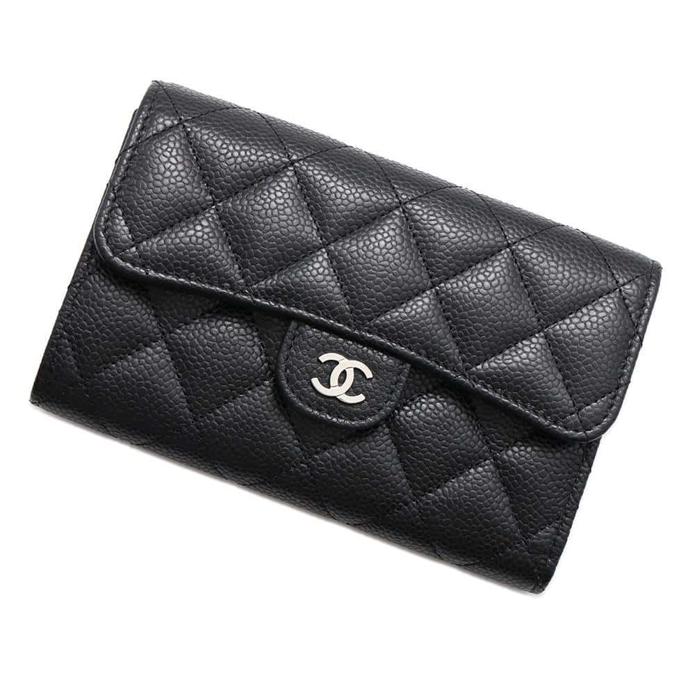 CHANEL Matelasse Classic Tri-Fold Flap Wallet Black AP0232 Caviar Leather