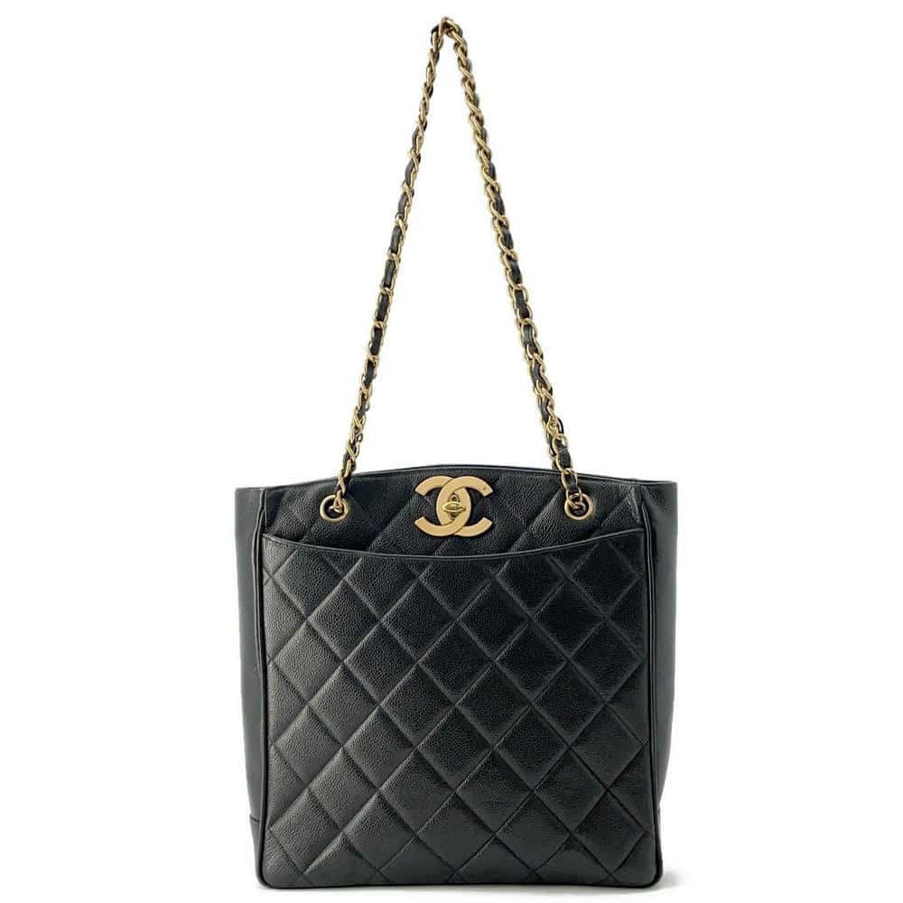 CHANEL Matelasse CC Logo Chain Tote Black Caviar Leather