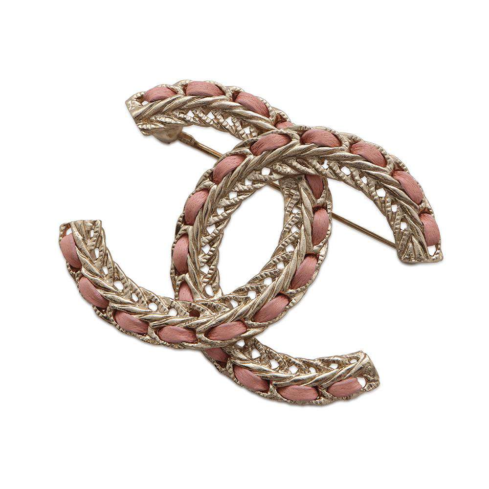 CHANEL CC Logo Brooch Pink/Champagne Gold Leather Metal