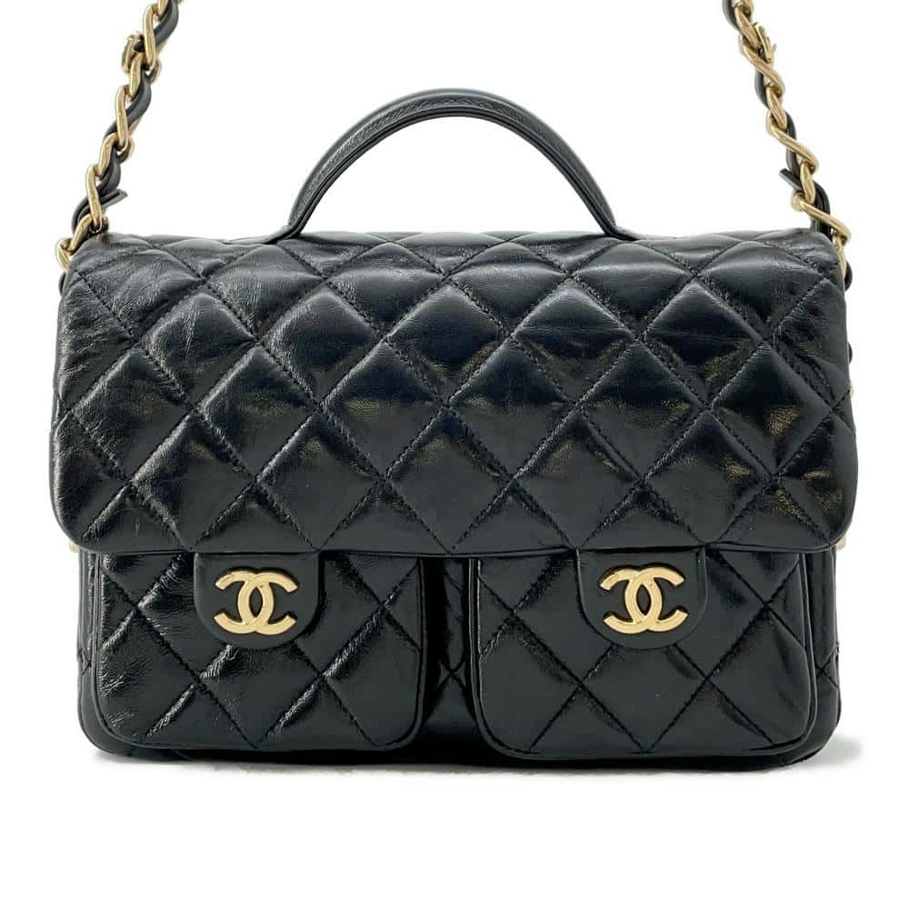 CHANEL Top Handle Double Pocket Flap Shoulder Bag Black AS4993 Shiny Lambskin