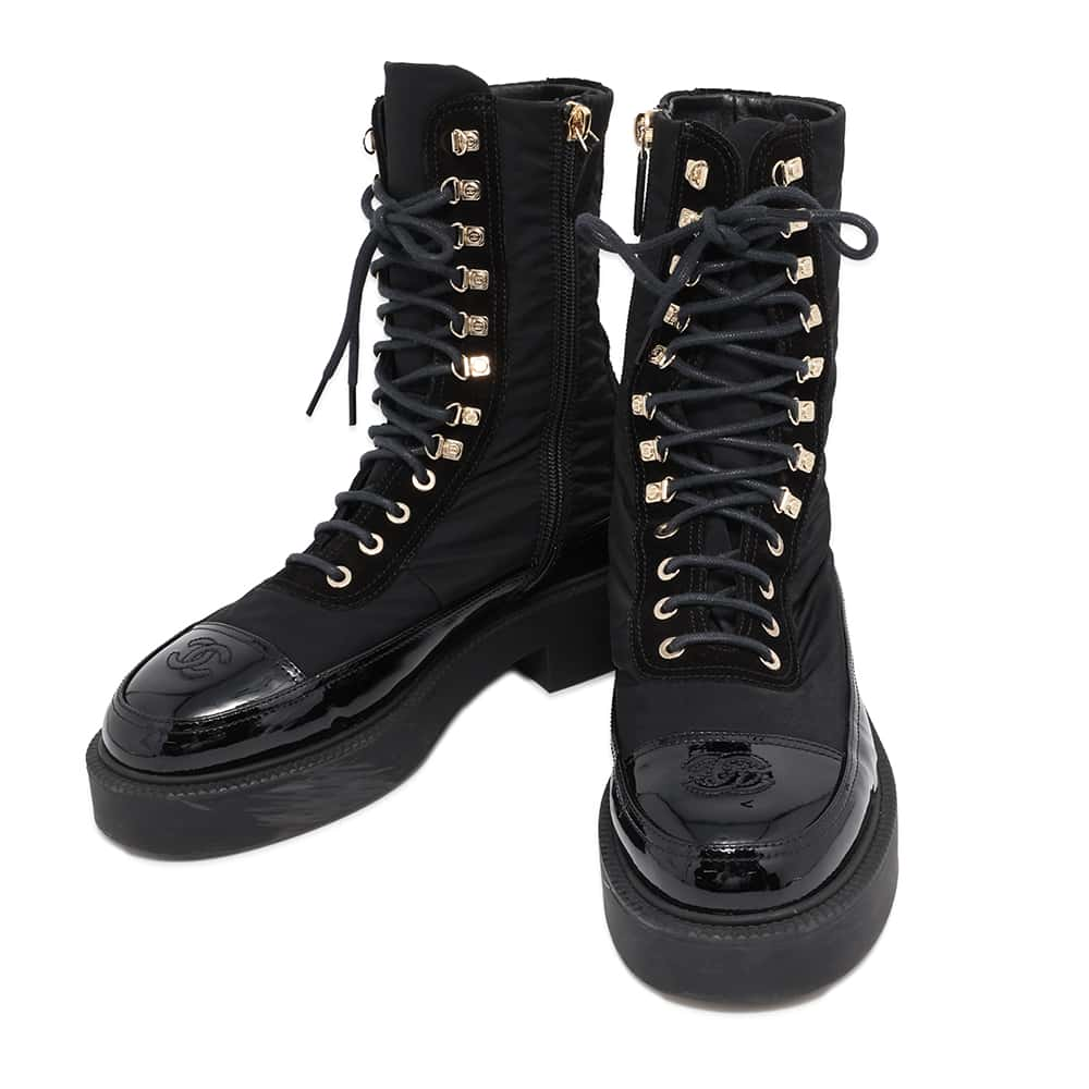 CHANEL CC Logo Boots BlackG38086 Nylon Leather Size 38C