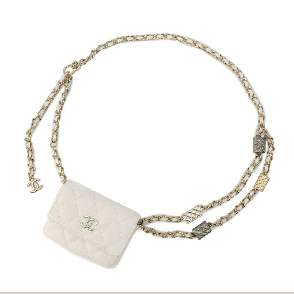 CHANEL CC Logo Mini Chain Belt Bag White Caviar Leather